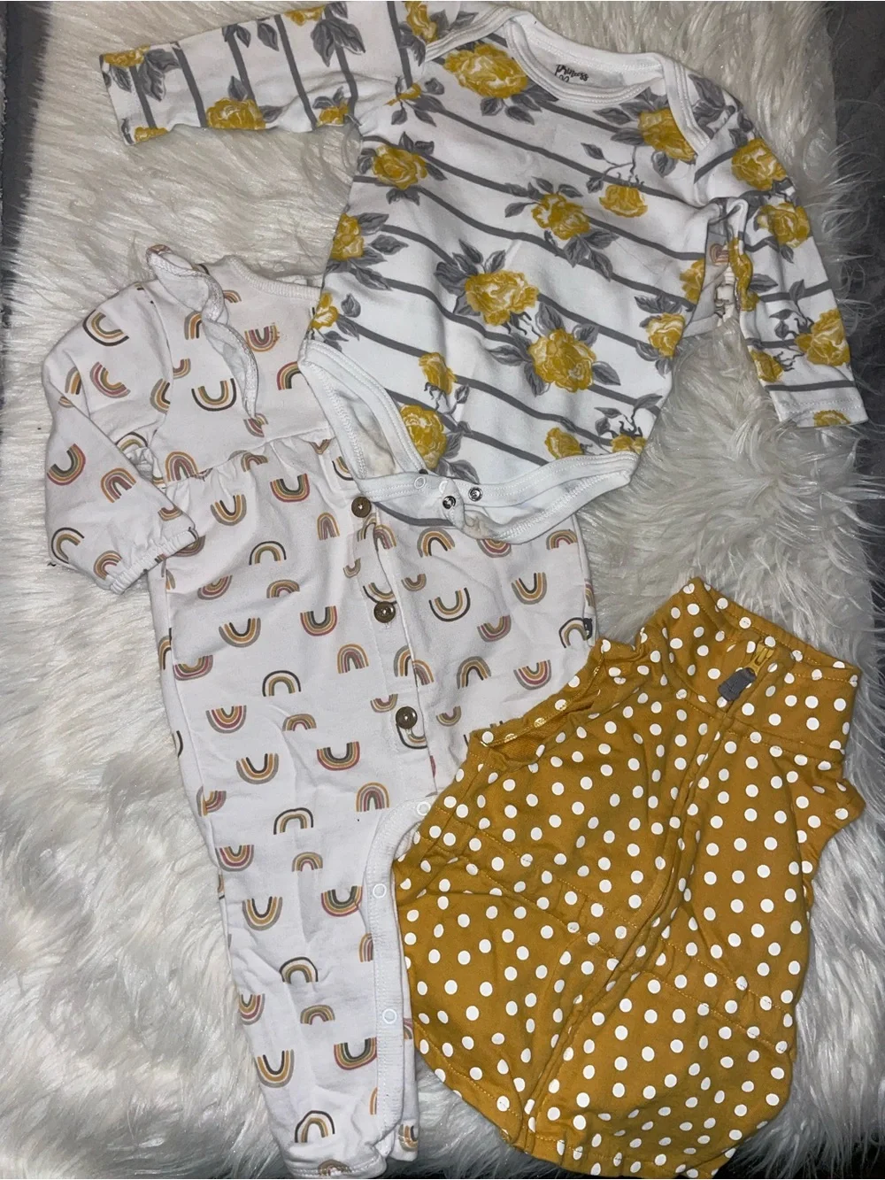 Baby Girls 3-Piece  Set - Mustard Polka Dot, White Floral & Rainbow Print